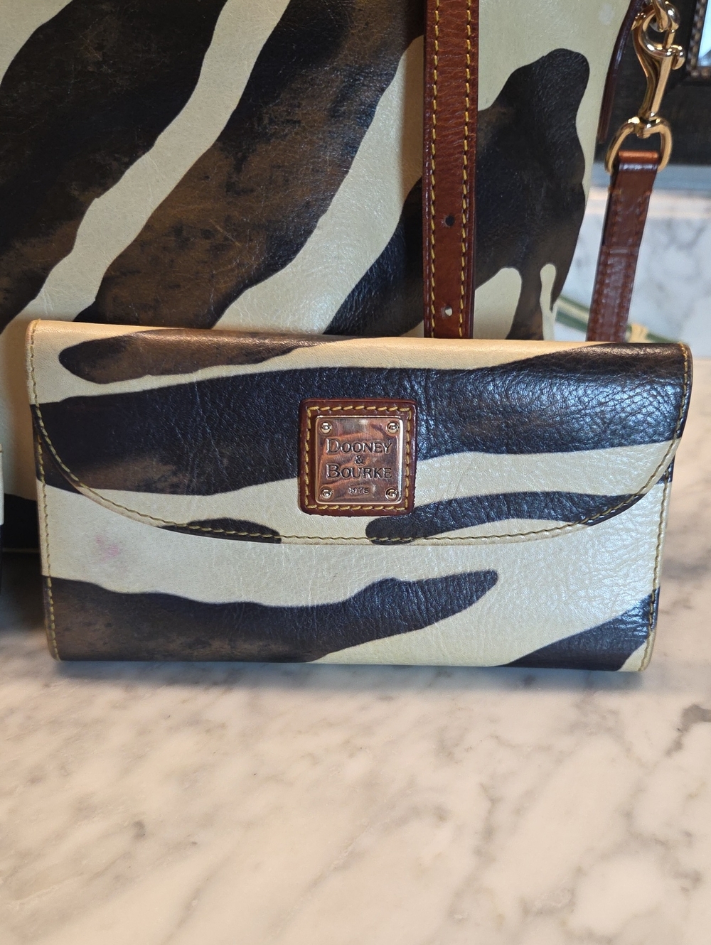 Used Dooney & Bourke Brown Cream Zebra-Print Satchel with Wallet Set - Picture 3 of 11